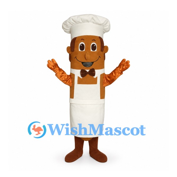 Sausage Chef Mascot Costume with White Apron and Tall Hat