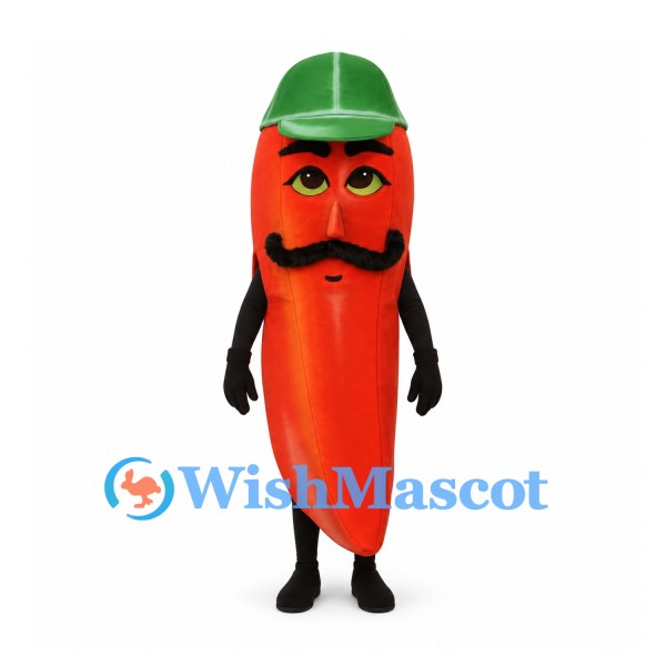 Chili Pepper Mascot Costume in Red with Green Hat and Mustache