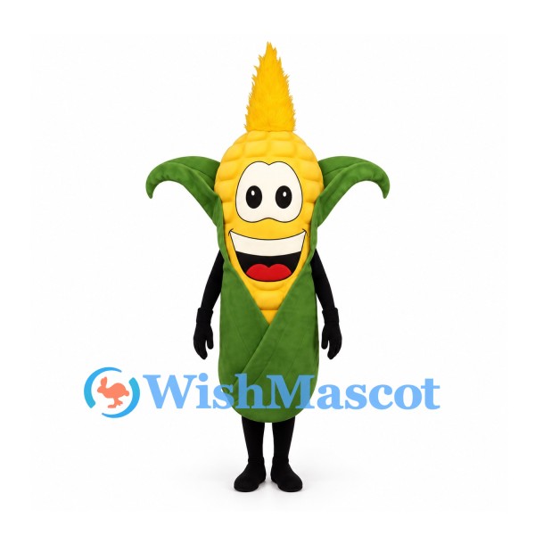 Corn Mascot Costume in Yellow with Green Husk and Smiling Face