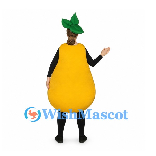 Pear Mascot Costume in Yellow with Green Leaf Hat