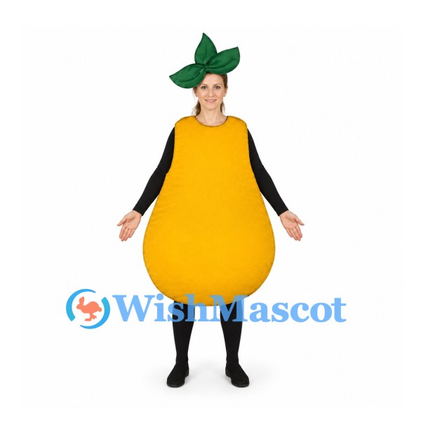 Pear Mascot Costume in Yellow with Green Leaf Hat