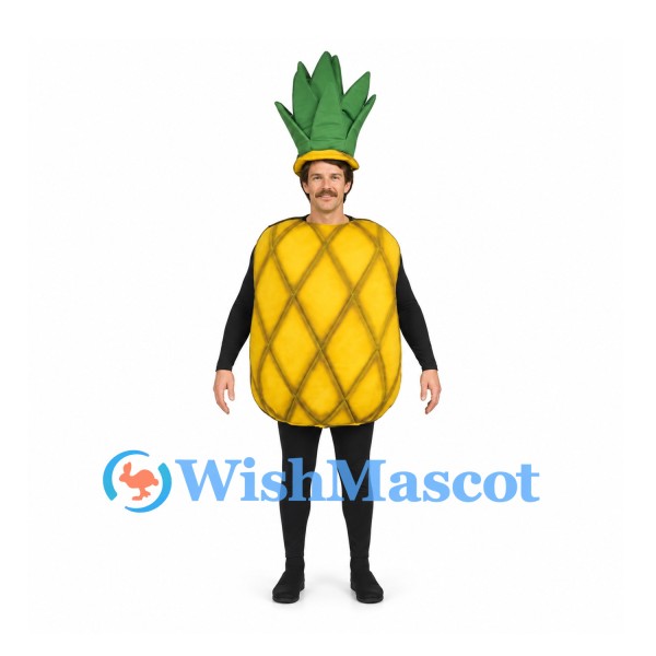 Pineapple Mascot Costume with Yellow Patterned Body and Leaf Hat