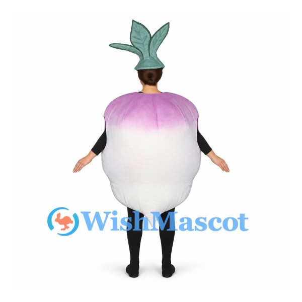 Turnip Mascot Costume in White and Purple with Green Leaf Hat