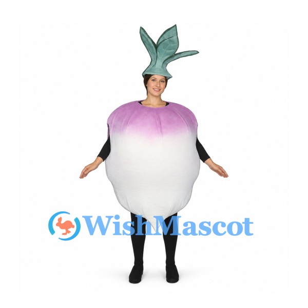 Turnip Mascot Costume in White and Purple with Green Leaf Hat