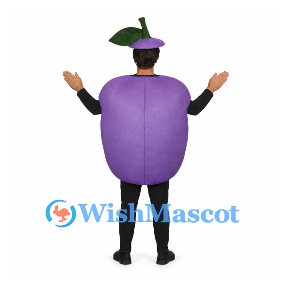 Plum Mascot Costume in Purple with Green Leaf Hat