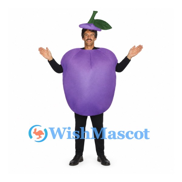 Plum Mascot Costume in Purple with Green Leaf Hat