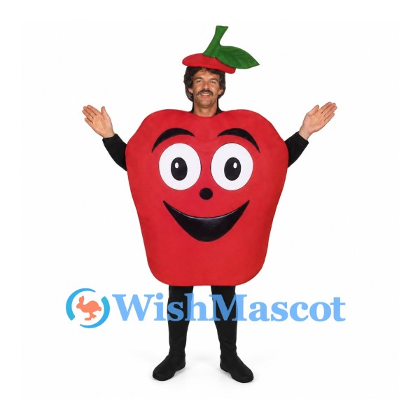 Apple Mascot Costume in Red with Smiling Face and Leaf Hat