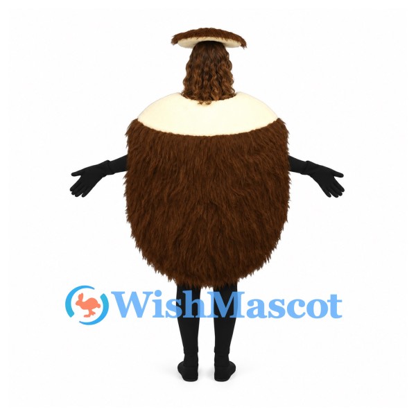 Coconut Mascot Costume with Brown Shaggy Shell and White Top