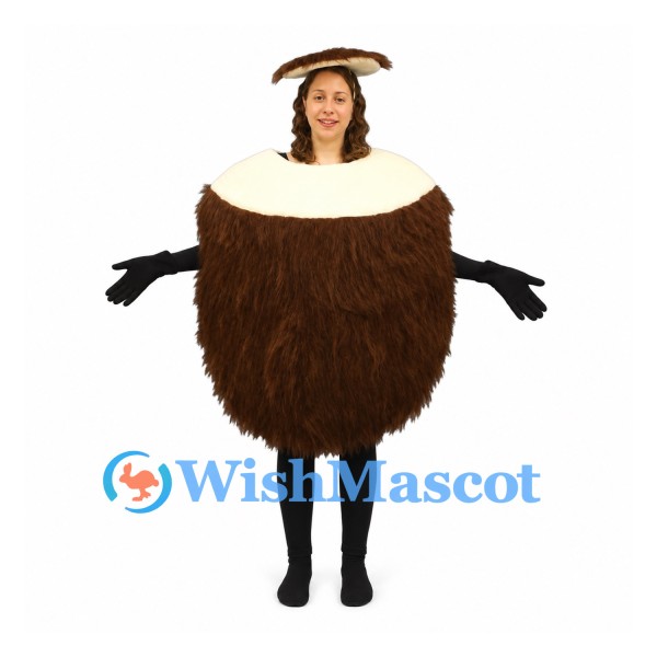 Coconut Mascot Costume with Brown Shaggy Shell and White Top