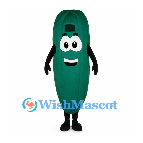 Cucumber Mascot Costume in Green with Large Eyes and Smile