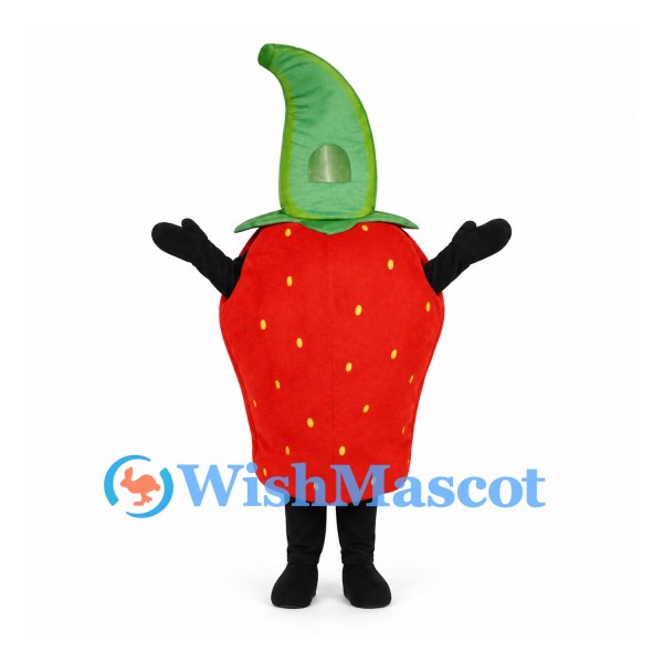 Strawberry Mascot Costume in Red with Tall Green Leaf Hood