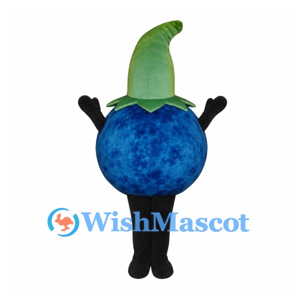 Blueberry Mascot Costume in Blue with Tall Green Leaf Hood