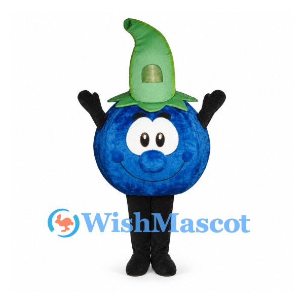Blueberry Mascot Costume in Blue with Tall Green Leaf Hood