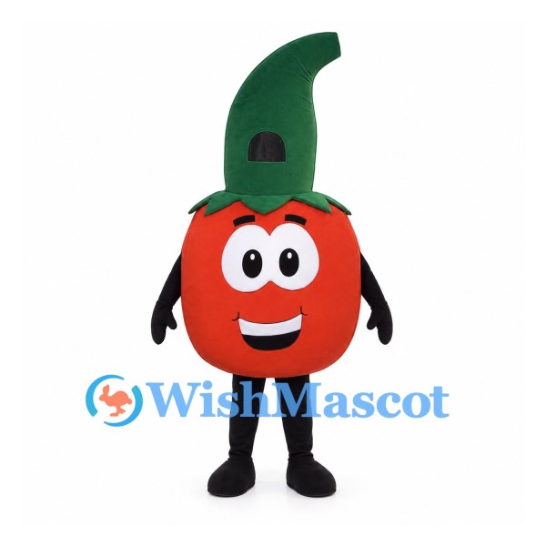 Tomato Mascot Costume in Red with Tall Green Leaf Hood