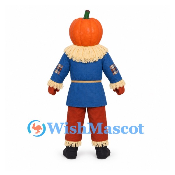Pumpkin Mascot Costume with Blue Scarecrow Tunic and Orange Pants