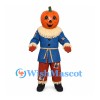 Pumpkin Mascot Costume with Blue Scarecrow Tunic and Orange Pants