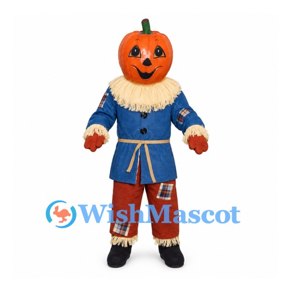 Pumpkin Mascot Costume with Blue Scarecrow Tunic and Orange Pants