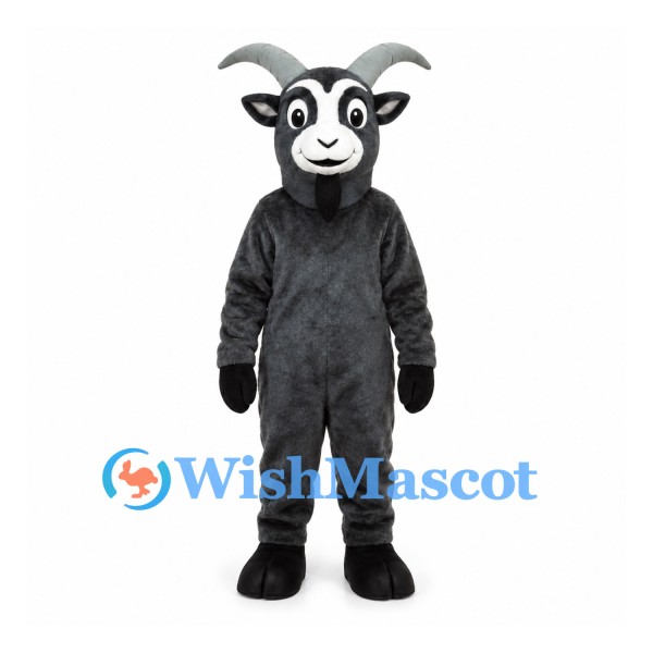 Goat Mascot Costume in Dark Gray with Long Curved Horns