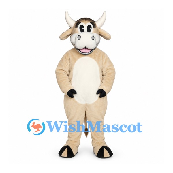 Cow Mascot Costume in Tan with Cream Belly and White Horns