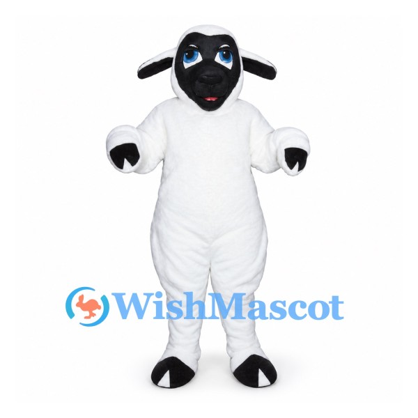 Sheep Mascot Costume in White with Black Face and Hooves
