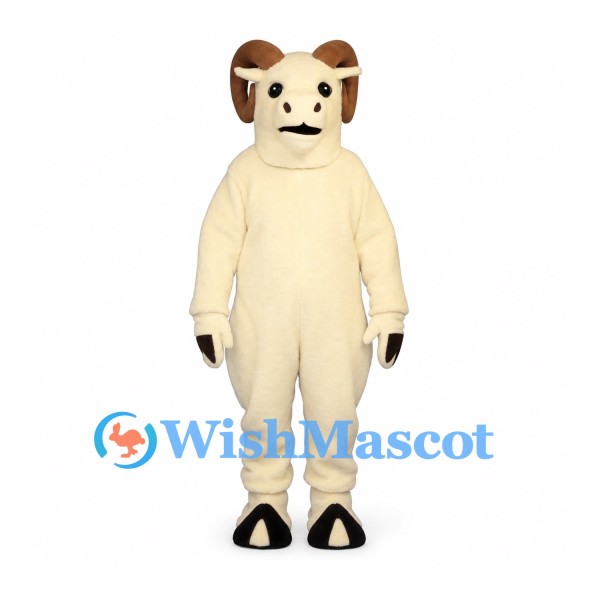 Ram Mascot Costume in Cream with Brown Curled Horns