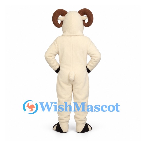 Ram Mascot Costume in White with Large Brown Spiral Horns