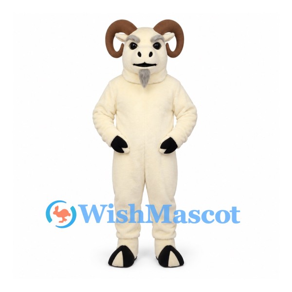 Ram Mascot Costume in White with Large Brown Spiral Horns