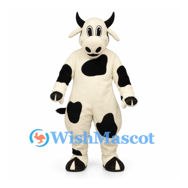 Cow Mascot Costume in White with Black Patches and Horns