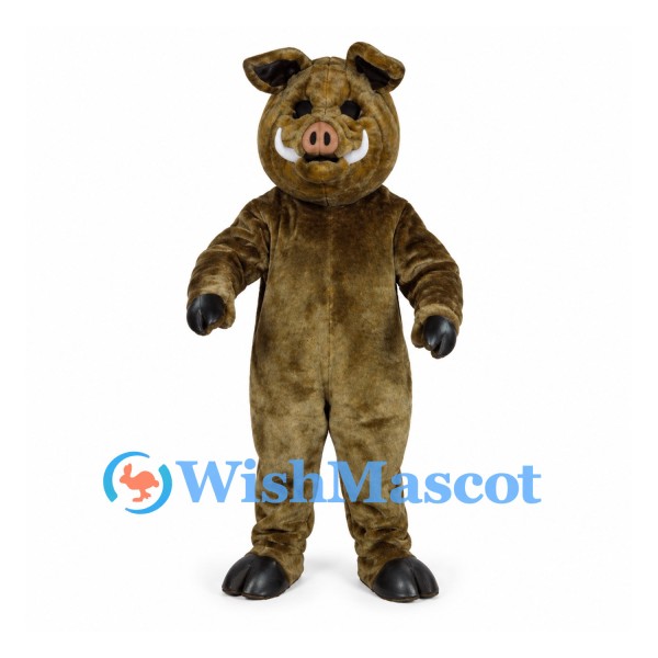 Wild Boar Mascot Costume in Brown with Pink Snout and White Tusks