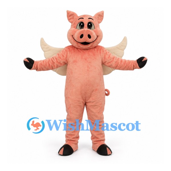 Flying Pig Mascot Costume in Pink with White Wings