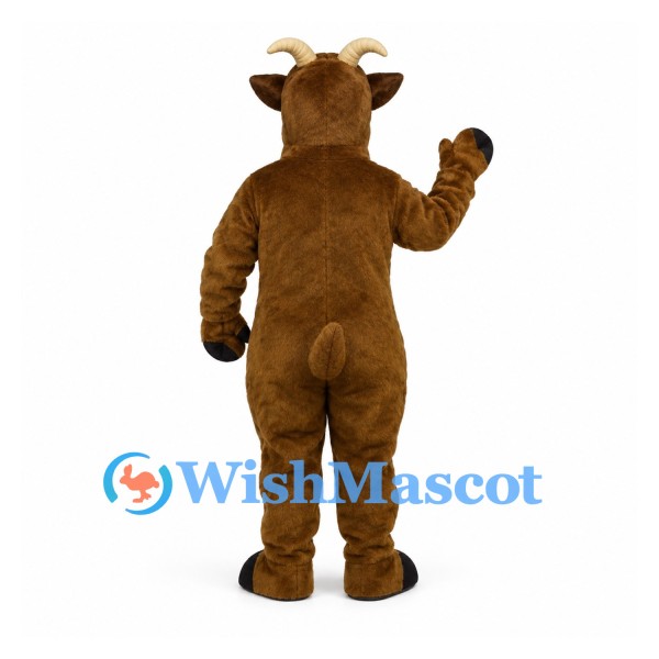 Goat Mascot Costume in Brown with Cream Belly and Curved Horns