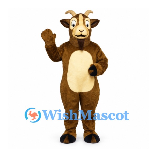 Goat Mascot Costume in Brown with Cream Belly and Curved Horns