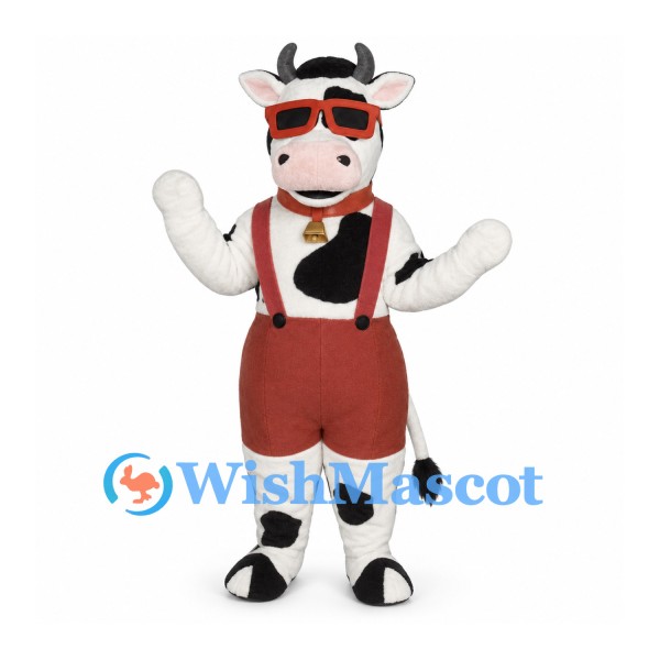 Cow Mascot Costume with Red Sunglasses and Suspender Shorts