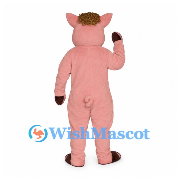 Pig Mascot Costume in Pink with Curly Brown Hair