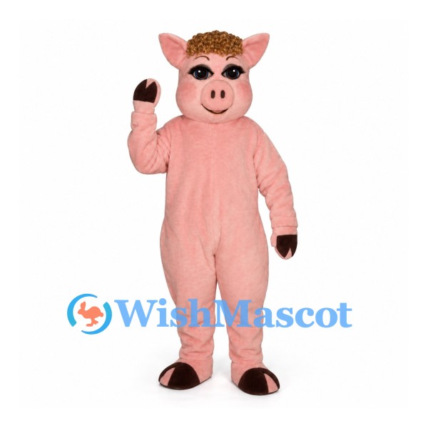 Pig Mascot Costume in Pink with Curly Brown Hair