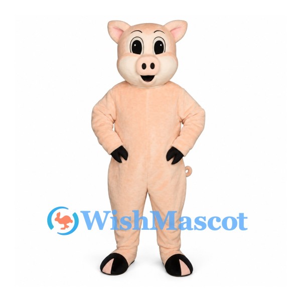 Pig Mascot Costume in Peach with Rounded Muzzle and Black Hooves