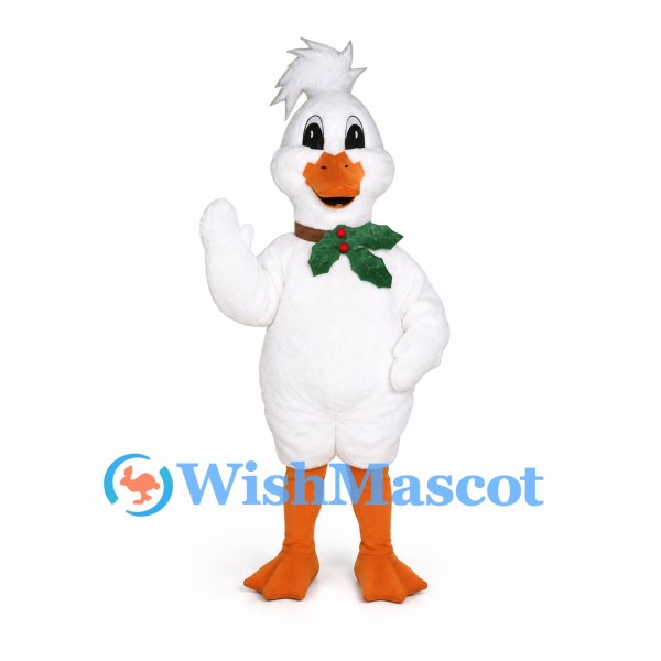 Duck Mascot Costume in White with Green Bow and Orange Feet