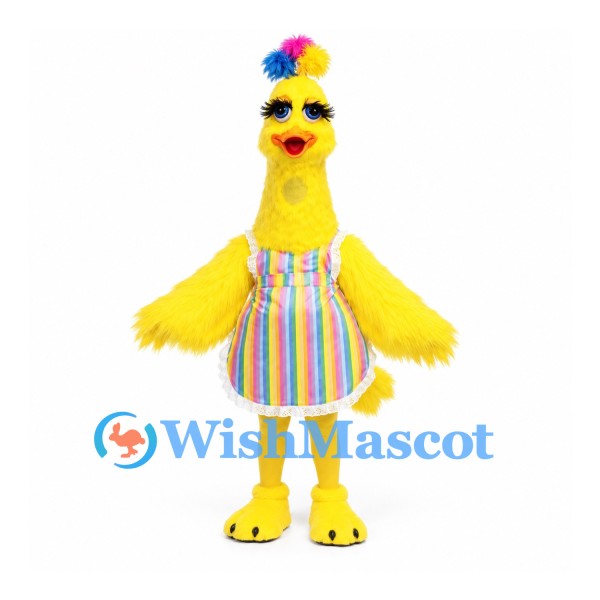 Chicken Mascot Costume in Yellow with Colorful Striped Dress
