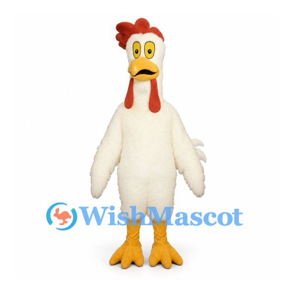 Rooster Mascot Costume in White with Long Neck and Red Comb