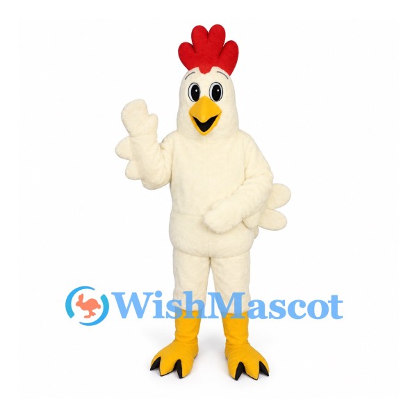 Rooster Mascot Costume in Cream with Red Comb and Curled Tail