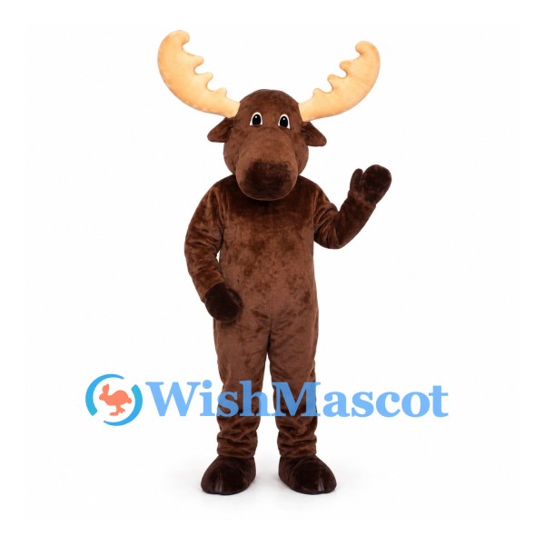 Moose Mascot Costume in Brown with Wide Cream Antlers