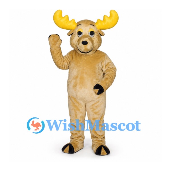 Moose Mascot Costume in Tan with Wide Yellow Antlers