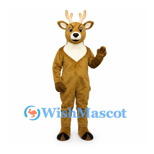 Deer Mascot Costume in Brown with Cream Neck Patch and Antlers
