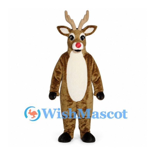 Reindeer Mascot Costume in Brown with Red Nose and White Belly