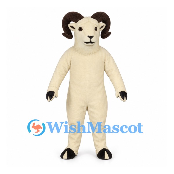 Ram Mascot Costume in Cream with Dark Brown Curled Horns