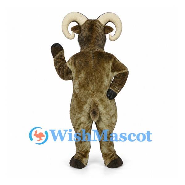Ram Mascot Costume in Brown with Large Cream Horns and Beard