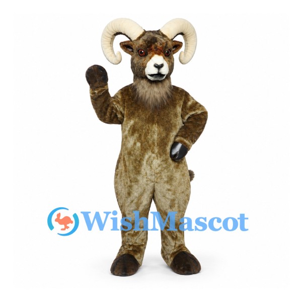 Ram Mascot Costume in Brown with Large Cream Horns and Beard