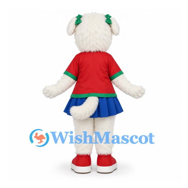 Dog Mascot Costume in White with Red Shirt and Blue Skirt