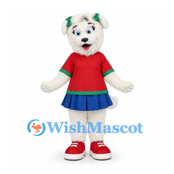 Dog Mascot Costume in White with Red Shirt and Blue Skirt