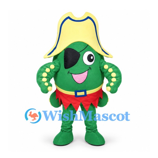 Parrot Mascot Costume in Green with Yellow Pirate Hat and Eye Patch
